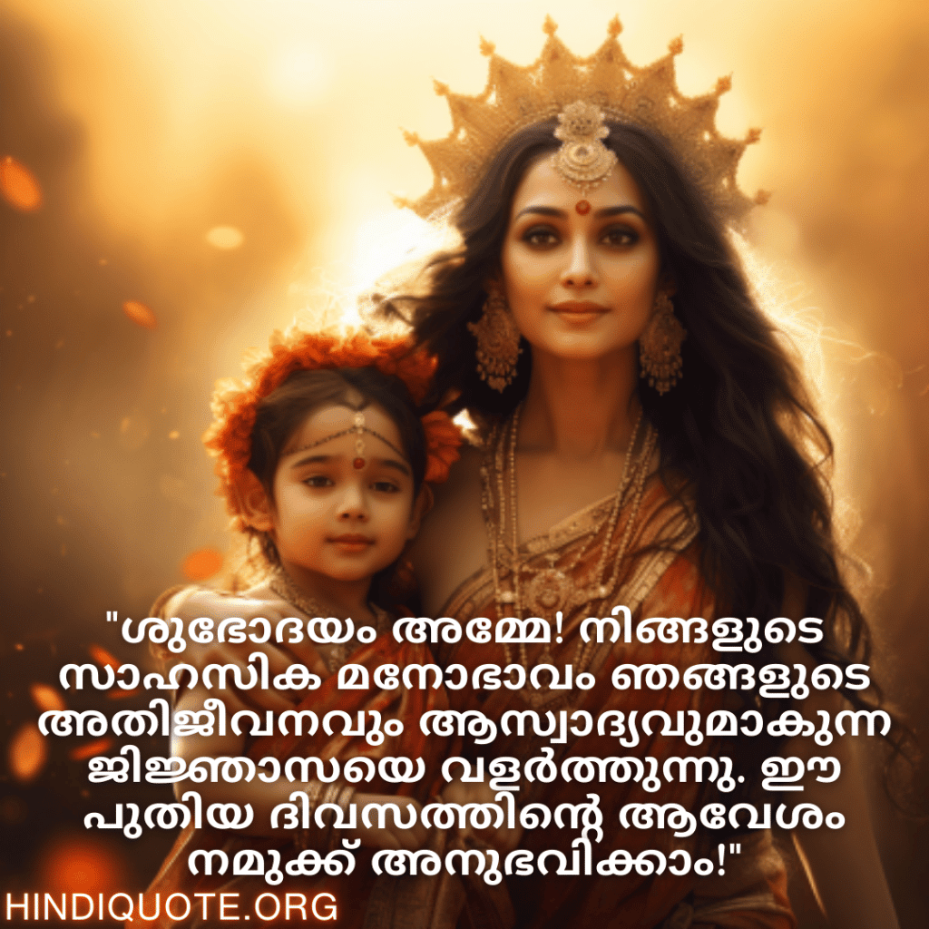 "ശുഭോദയം അമ്മേ! നിങ്ങളുടെ സാഹസിക മനോഭാവം ഞങ്ങളുടെ അതിജീവനവും ആസ്വാദ്യവുമാകുന്ന ജിജ്ഞാസയെ വളർത്തുന്നു. ഈ പുതിയ ദിവസത്തിന്റെ ആവേശം നമുക്ക് അനുഭവിക്കാം!"