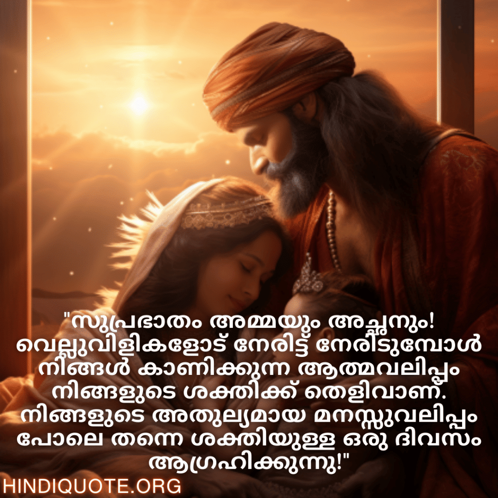 "സുപ്രഭാതം അമ്മയും അച്ഛനും! വെല്ലുവിളികളോട് നേരിട്ട് നേരിടുമ്പോൾ നിങ്ങൾ കാണിക്കുന്ന ആത്മവലിപ്പം നിങ്ങളുടെ ശക്തിക്ക് തെളിവാണ്. നിങ്ങളുടെ അതുല്യമായ മനസ്സുവലിപ്പം പോലെ തന്നെ ശക്തിയുള്ള ഒരു ദിവസം ആഗ്രഹിക്കുന്നു!"