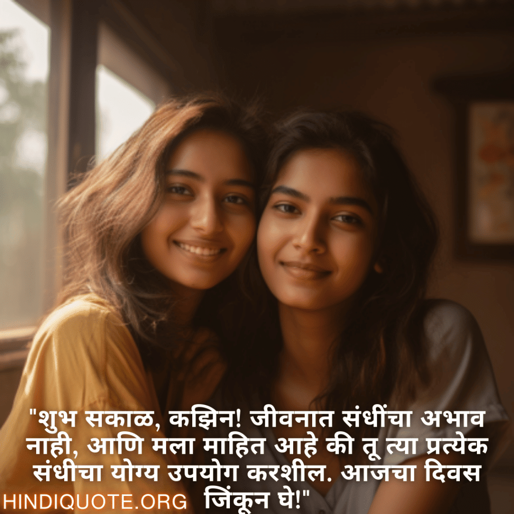 "शुभ सकाळ, कझिन! जीवनात संधींचा अभाव नाही, आणि मला माहित आहे की तू त्या प्रत्येक संधीचा योग्य उपयोग करशील. आजचा दिवस जिंकून घे!"
