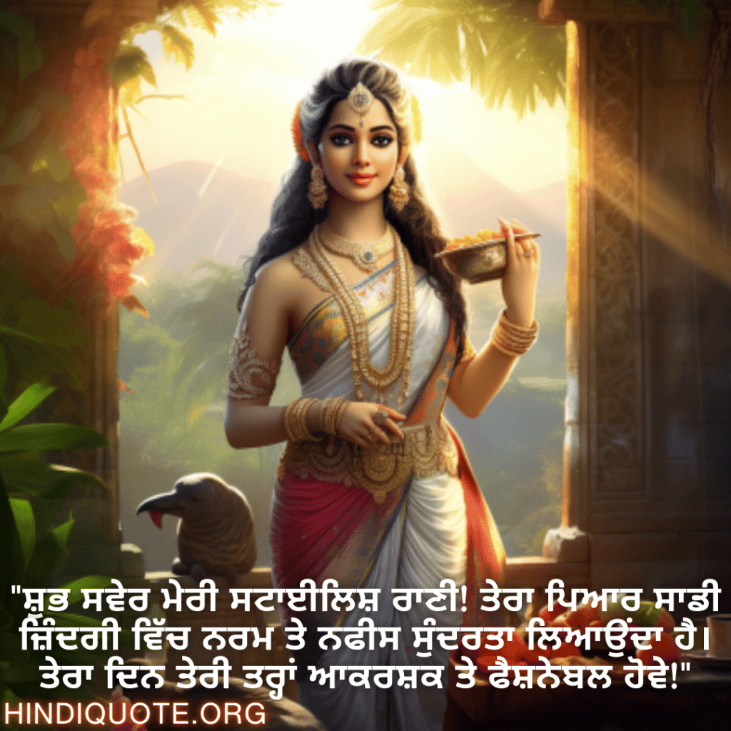 "ਸ਼ੁਭ ਸਵੇਰ ਮੇਰੀ ਸਟਾਈਲਿਸ਼ ਰਾਣੀ! ਤੇਰਾ ਪਿਆਰ ਸਾਡੀ ਜ਼ਿੰਦਗੀ ਵਿੱਚ ਨਰਮ ਤੇ ਨਫੀਸ ਸੁੰਦਰਤਾ ਲਿਆਉਂਦਾ ਹੈ। ਤੇਰਾ ਦਿਨ ਤੇਰੀ ਤਰ੍ਹਾਂ ਆਕਰਸ਼ਕ ਤੇ ਫੈਸ਼ਨੇਬਲ ਹੋਵੇ!"