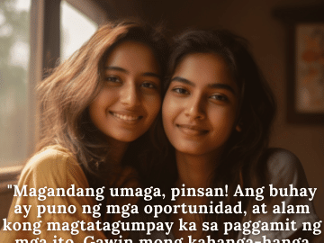 "Magandang umaga, pinsan! Ang buhay ay puno ng mga oportunidad, at alam kong magtatagumpay ka sa paggamit ng mga ito. Gawin mong kahanga-hanga ang araw na ito!"