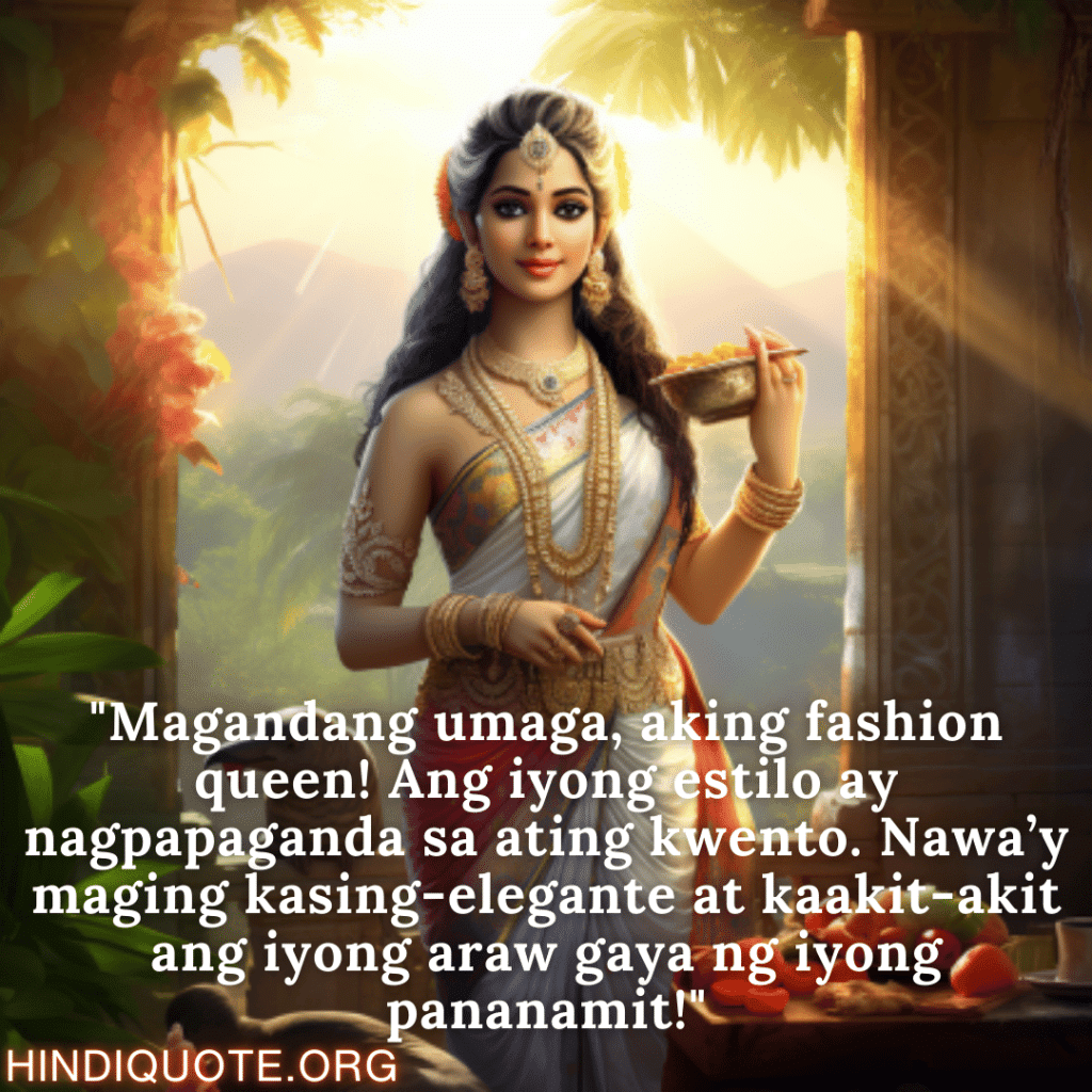 "Magandang umaga, aking fashion queen! Ang iyong estilo ay nagpapaganda sa ating kwento. Nawa’y maging kasing-elegante at kaakit-akit ang iyong araw gaya ng iyong pananamit!"