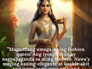"Magandang umaga, aking fashion queen! Ang iyong estilo ay nagpapaganda sa ating kwento. Nawa’y maging kasing-elegante at kaakit-akit ang iyong araw gaya ng iyong pananamit!"