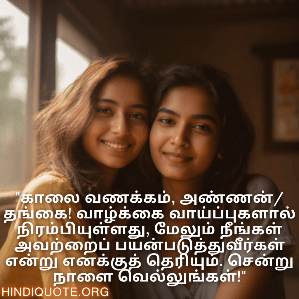 "காலை வணக்கம், அண்ணன்/தங்கை! வாழ்க்கை வாய்ப்புகளால் நிரம்பியுள்ளது, மேலும் நீங்கள் அவற்றைப் பயன்படுத்துவீர்கள் என்று எனக்குத் தெரியும். சென்று நாளை வெல்லுங்கள்!"
