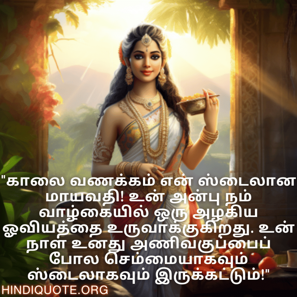 "காலை வணக்கம் என் ஸ்டைலான மாயவதி! உன் அன்பு நம் வாழ்கையில் ஒரு அழகிய ஓவியத்தை உருவாக்குகிறது. உன் நாள் உனது அணிவகுப்பைப் போல செம்மையாகவும் ஸ்டைலாகவும் இருக்கட்டும்!"