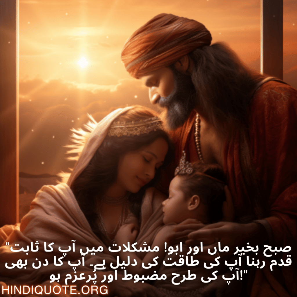 "صبح بخیر ماں اور ابو! مشکلات میں آپ کا ثابت قدم رہنا آپ کی طاقت کی دلیل ہے۔ آپ کا دن بھی آپ کی طرح مضبوط اور پُرعزم ہو!"