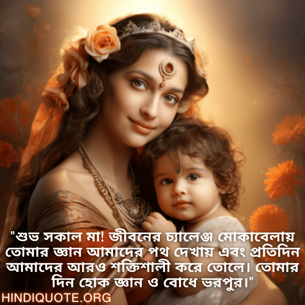 "শুভ সকাল মা! জীবনের চ্যালেঞ্জ মোকাবেলায় তোমার জ্ঞান আমাদের পথ দেখায় এবং প্রতিদিন আমাদের আরও শক্তিশালী করে তোলে। তোমার দিন হোক জ্ঞান ও বোধে ভরপুর।"