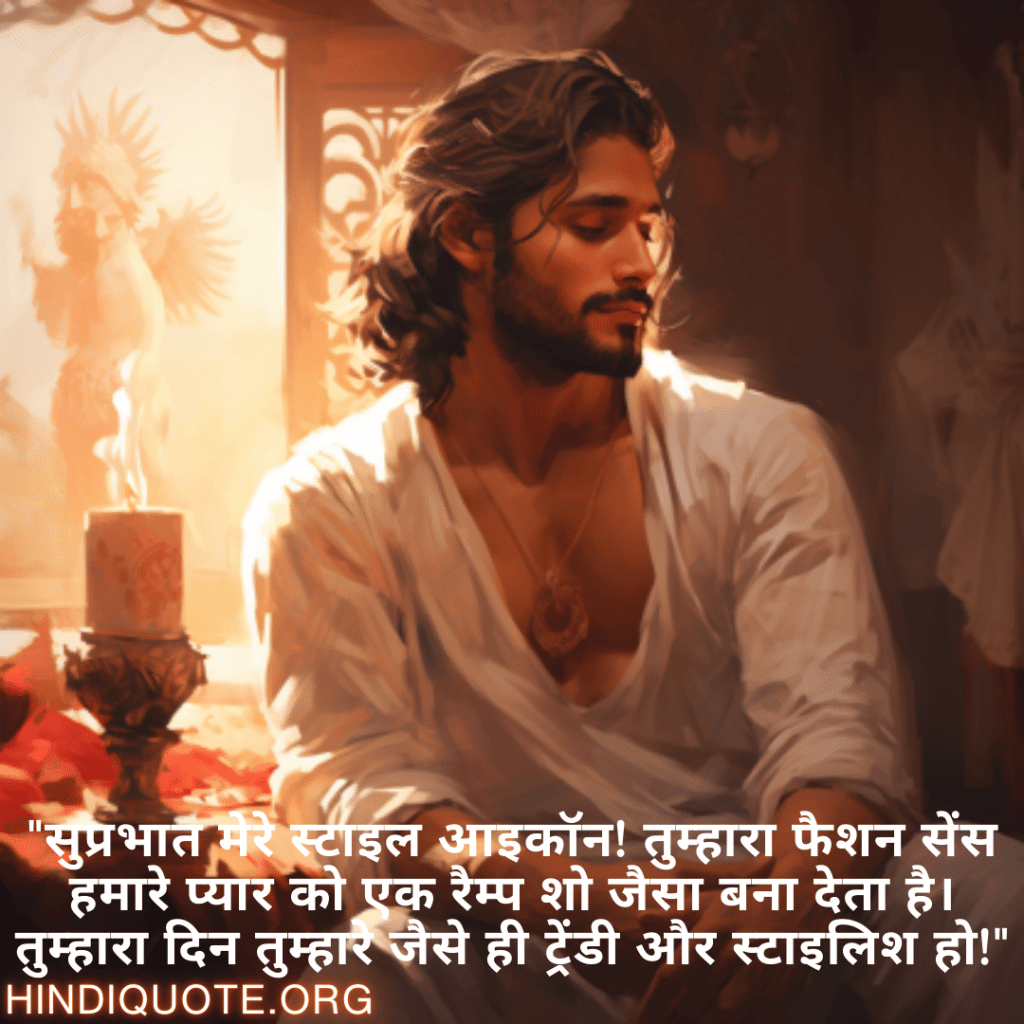 "सुप्रभात मेरे स्टाइल आइकॉन! तुम्हारा फैशन सेंस हमारे प्यार को एक रैम्प शो जैसा बना देता है। तुम्हारा दिन तुम्हारे जैसे ही ट्रेंडी और स्टाइलिश हो!"