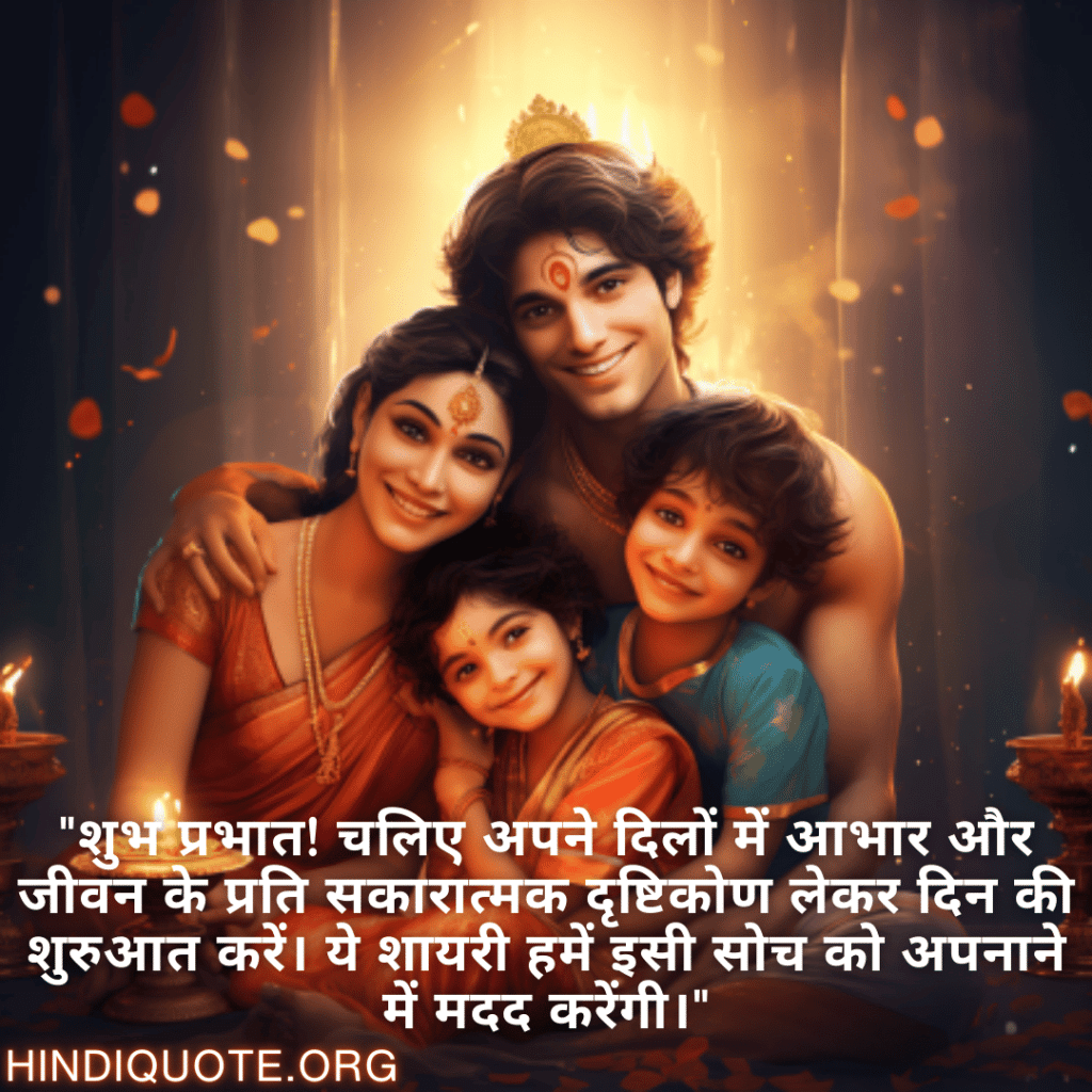 "शुभ प्रभात! चलिए अपने दिलों में आभार और जीवन के प्रति सकारात्मक दृष्टिकोण लेकर दिन की शुरुआत करें। ये शायरी हमें इसी सोच को अपनाने में मदद करेंगी।"