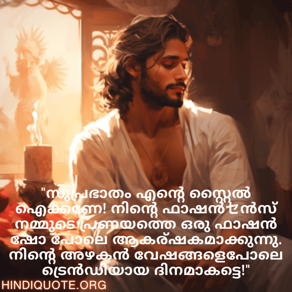 "സുപ്രഭാതം എന്റെ സ്റ്റൈൽ ഐക്കണേ! നിന്റെ ഫാഷൻセൻസ് നമ്മുടെ പ്രണയത്തെ ഒരു ഫാഷൻ ഷോ പോലെ ആകര്‍ഷകമാക്കുന്നു. നിന്റെ അഴകൻ വേഷങ്ങളെപോലെ ട്രെൻഡിയായ ദിനമാകട്ടെ!"