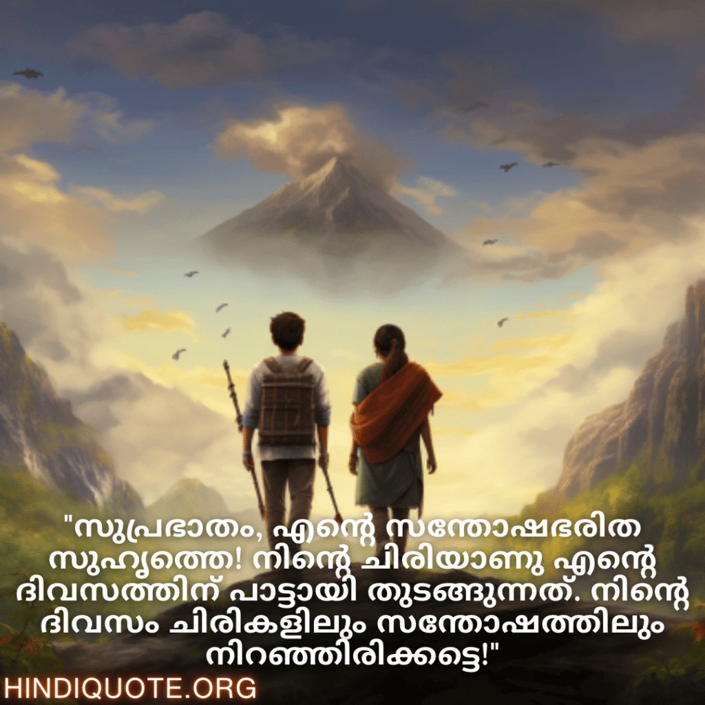"സുപ്രഭാതം, എന്റെ സന്തോഷഭരിത സുഹൃത്തെ! നിന്റെ ചിരിയാണു എന്റെ ദിവസത്തിന് പാട്ടായി തുടങ്ങുന്നത്. നിന്റെ ദിവസം ചിരികളിലും സന്തോഷത്തിലും നിറഞ്ഞിരിക്കട്ടെ!"