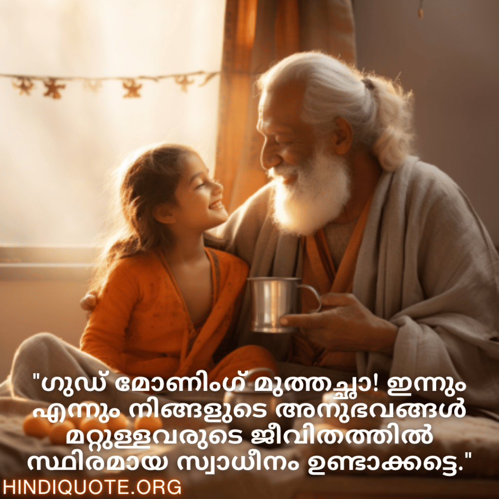 "ഗുഡ് മോണിംഗ് മുത്തച്ഛാ! ഇന്നും എന്നും നിങ്ങളുടെ അനുഭവങ്ങൾ മറ്റുള്ളവരുടെ ജീവിതത്തിൽ സ്ഥിരമായ സ്വാധീനം ഉണ്ടാക്കട്ടെ."