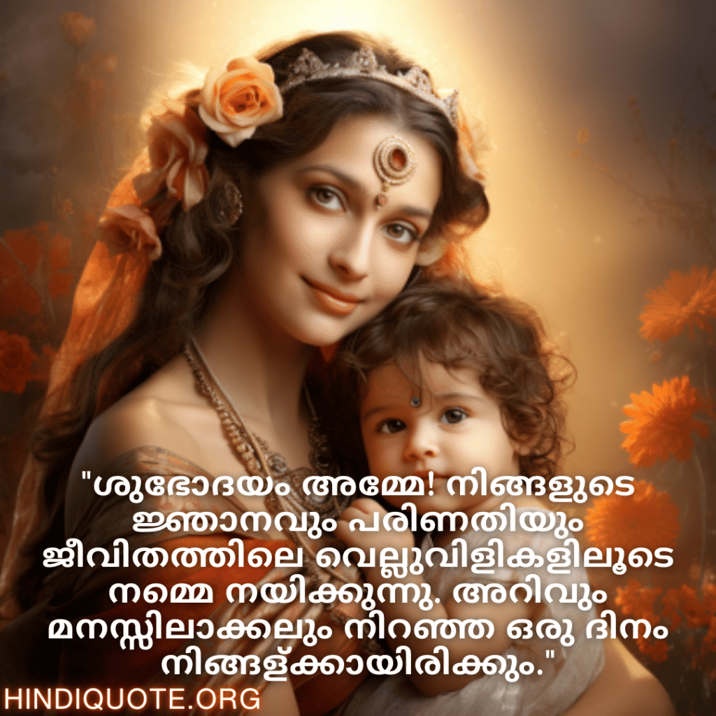"ശുഭോദയം അമ്മേ! നിങ്ങളുടെ ജ്ഞാനവും പരിണതിയും ജീവിതത്തിലെ വെല്ലുവിളികളിലൂടെ നമ്മെ നയിക്കുന്നു. അറിവും മനസ്സിലാക്കലും നിറഞ്ഞ ഒരു ദിനം നിങ്ങള്‍ക്കായിരിക്കും."