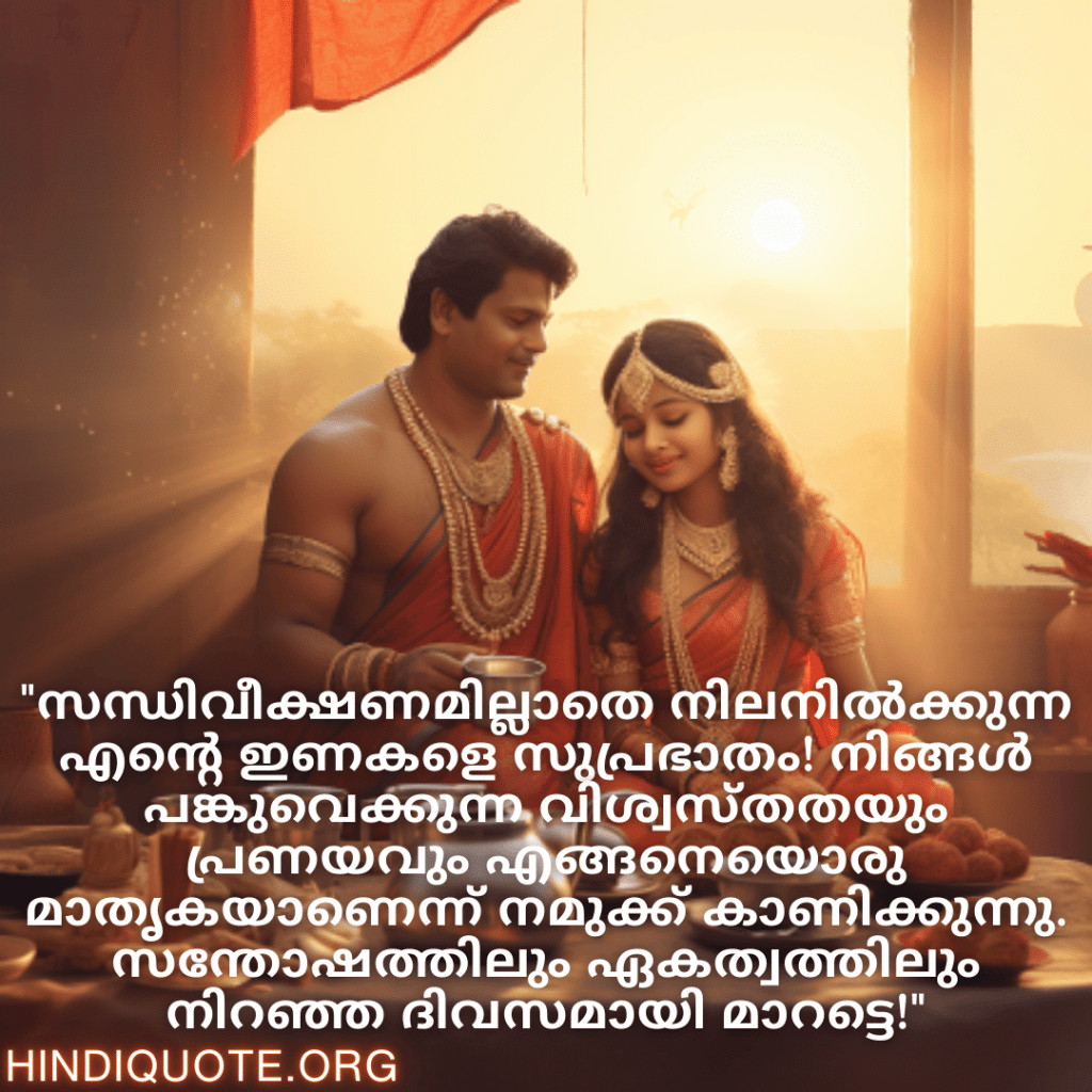 "സന്ധിവീക്ഷണമില്ലാതെ നിലനിൽക്കുന്ന എന്റെ ഇണകളെ സുപ്രഭാതം! നിങ്ങൾ പങ്കുവെക്കുന്ന വിശ്വസ്തതയും പ്രണയവും എങ്ങനെയൊരു മാതൃകയാണെന്ന് നമുക്ക് കാണിക്കുന്നു. സന്തോഷത്തിലും ഏകത്വത്തിലും നിറഞ്ഞ ദിവസമായി മാറട്ടെ!"