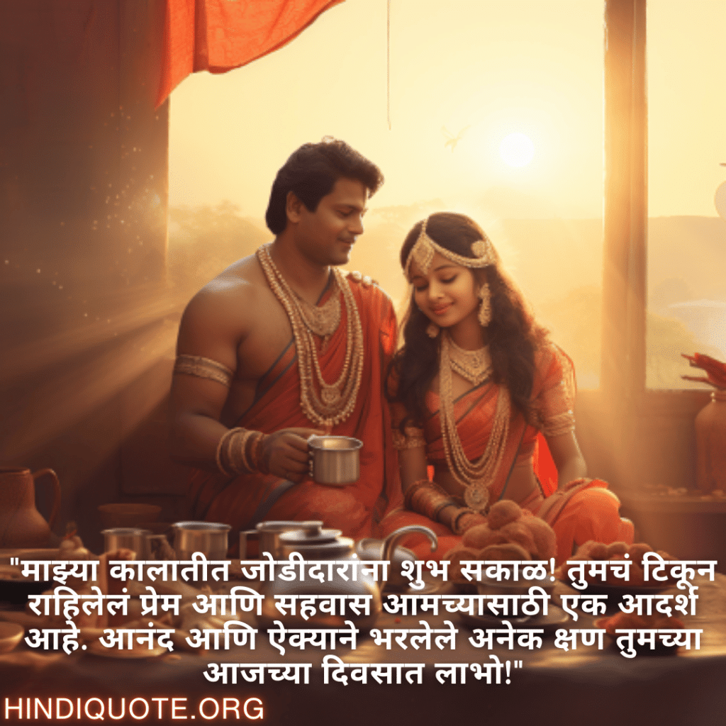 "माझ्या कालातीत जोडीदारांना शुभ सकाळ! तुमचं टिकून राहिलेलं प्रेम आणि सहवास आमच्यासाठी एक आदर्श आहे. आनंद आणि ऐक्याने भरलेले अनेक क्षण तुमच्या आजच्या दिवसात लाभो!"