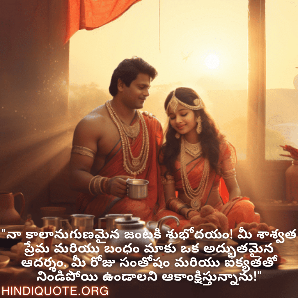 "నా కాలానుగుణమైన జంటకి శుభోదయం! మీ శాశ్వత ప్రేమ మరియు బంధం మాకు ఒక అద్భుతమైన ఆదర్శం. మీ రోజు సంతోషం మరియు ఐక్యతతో నిండిపోయి ఉండాలని ఆకాంక్షిస్తున్నాను!"