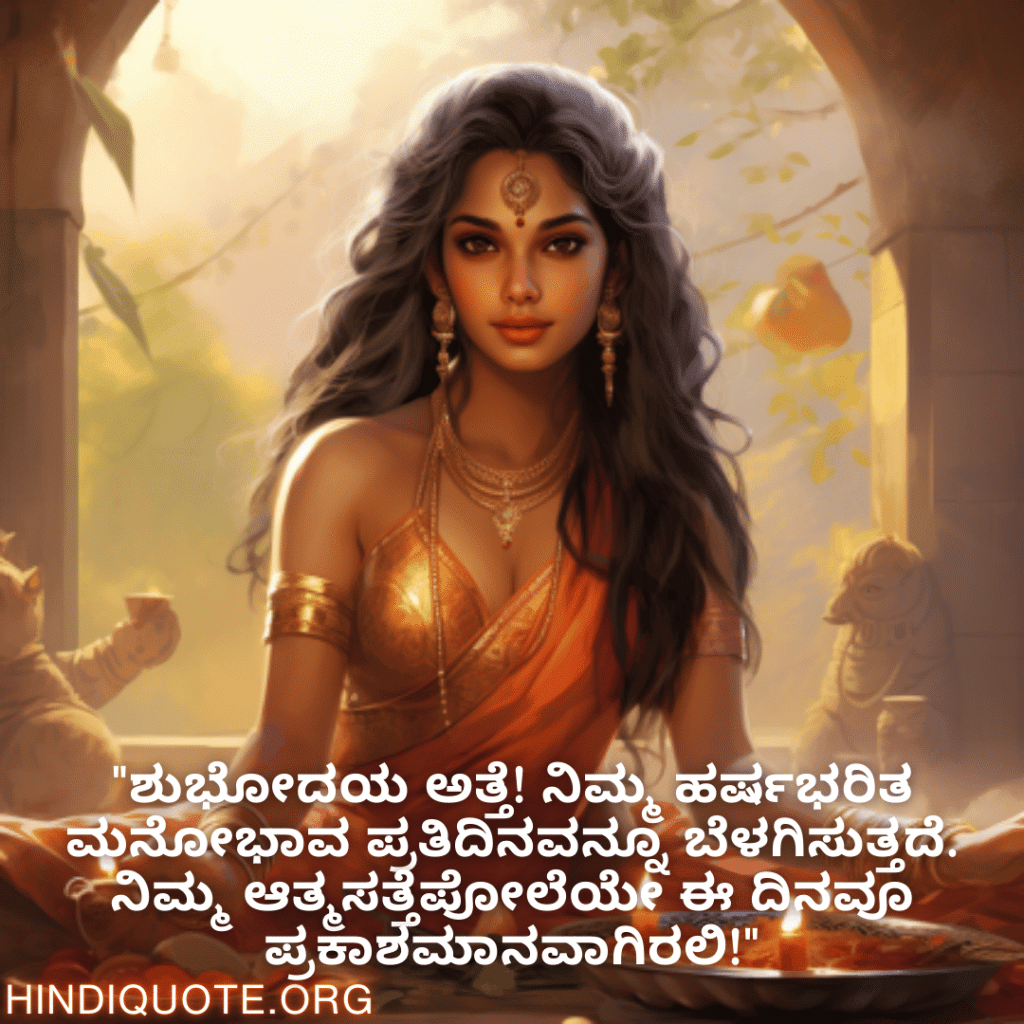 Good morning Quotes In Kannada For Your Aunt "ಶುಭೋದಯ ಅತ್ತೆ! ನಿಮ್ಮ ಹರ್ಷಭರಿತ ಮನೋಭಾವ ಪ್ರತಿದಿನವನ್ನೂ ಬೆಳಗಿಸುತ್ತದೆ. ನಿಮ್ಮ ಆತ್ಮಸತ್ತೆಪೋಲೆಯೇ ಈ ದಿನವೂ ಪ್ರಕಾಶಮಾನವಾಗಿರಲಿ!"