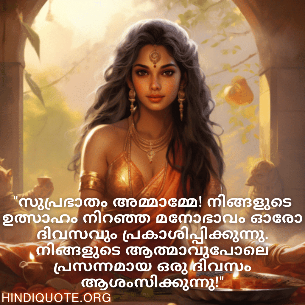 Good morning Quotes In Malayalam For Your Aunt "സുപ്രഭാതം അമ്മാമ്മേ! നിങ്ങളുടെ ഉത്സാഹം നിറഞ്ഞ മനോഭാവം ഓരോ ദിവസവും പ്രകാശിപ്പിക്കുന്നു. നിങ്ങളുടെ ആത്മാവുപോലെ പ്രസന്നമായ ഒരു ദിവസം ആശംസിക്കുന്നു!"