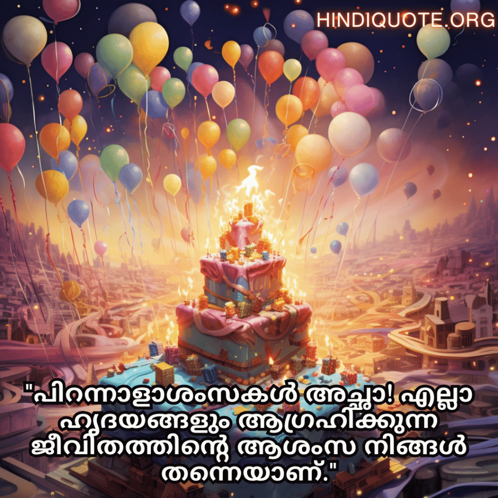 Birthday Greetings In Malayalam For Your Father "പിറന്നാളാശംസകൾ അച്ഛാ! എല്ലാ ഹൃദയങ്ങളും ആഗ്രഹിക്കുന്ന ജീവിതത്തിന്റെ ആശംസ നിങ്ങൾ തന്നെയാണ്."