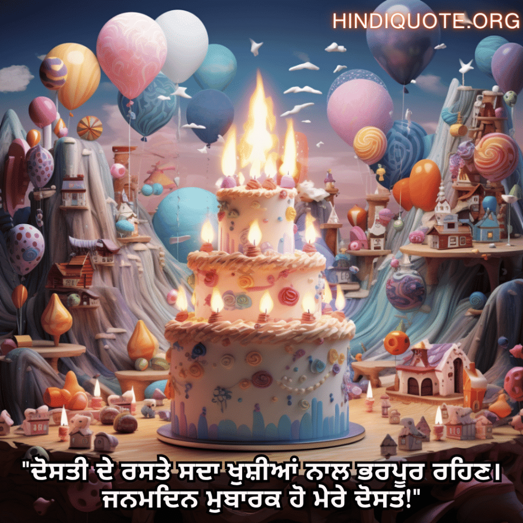 Happy Birthday Wishes In Punjabi For Your Friend "ਦੋਸਤੀ ਦੇ ਰਸਤੇ ਸਦਾ ਖੁਸ਼ੀਆਂ ਨਾਲ ਭਰਪੂਰ ਰਹਿਣ। ਜਨਮਦਿਨ ਮੁਬਾਰਕ ਹੋ ਮੇਰੇ ਦੋਸਤ!"