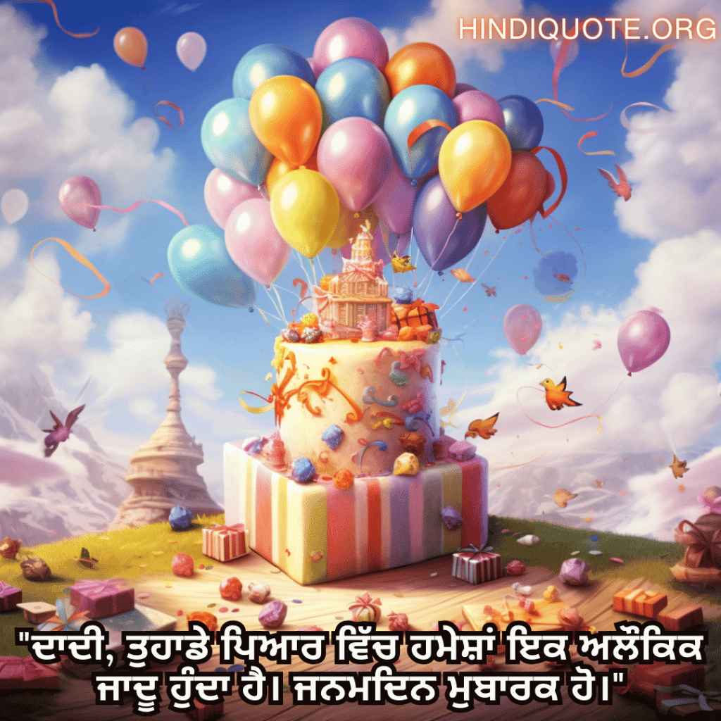 Birthday Message In Punjabi For Your Grandmother "ਦਾਦੀ, ਤੁਹਾਡੇ ਪਿਆਰ ਵਿੱਚ ਹਮੇਸ਼ਾਂ ਇਕ ਅਲੌਕਿਕ ਜਾਦੂ ਹੁੰਦਾ ਹੈ। ਜਨਮਦਿਨ ਮੁਬਾਰਕ ਹੋ।"