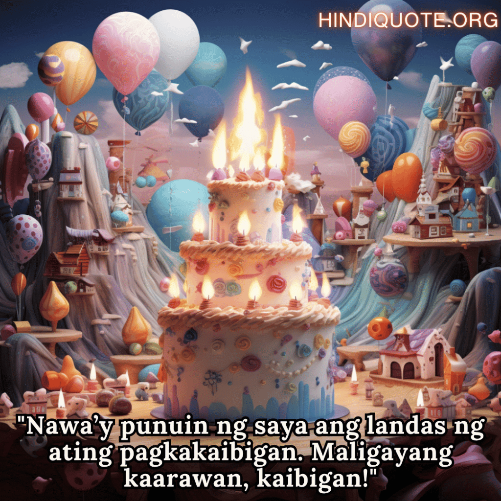Happy Birthday In Tagalog For Your Friend "Nawa’y punuin ng saya ang landas ng ating pagkakaibigan. Maligayang kaarawan, kaibigan!"