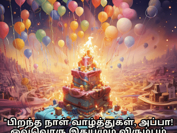 Birthday Message In Tamil For Your Father "பிறந்த நாள் வாழ்த்துகள், அப்பா! ஒவ்வொரு இதயமும் விரும்பும் வாழ்க்கையின் ஆசையாக நீங்கள் இருக்கிறீர்கள்."