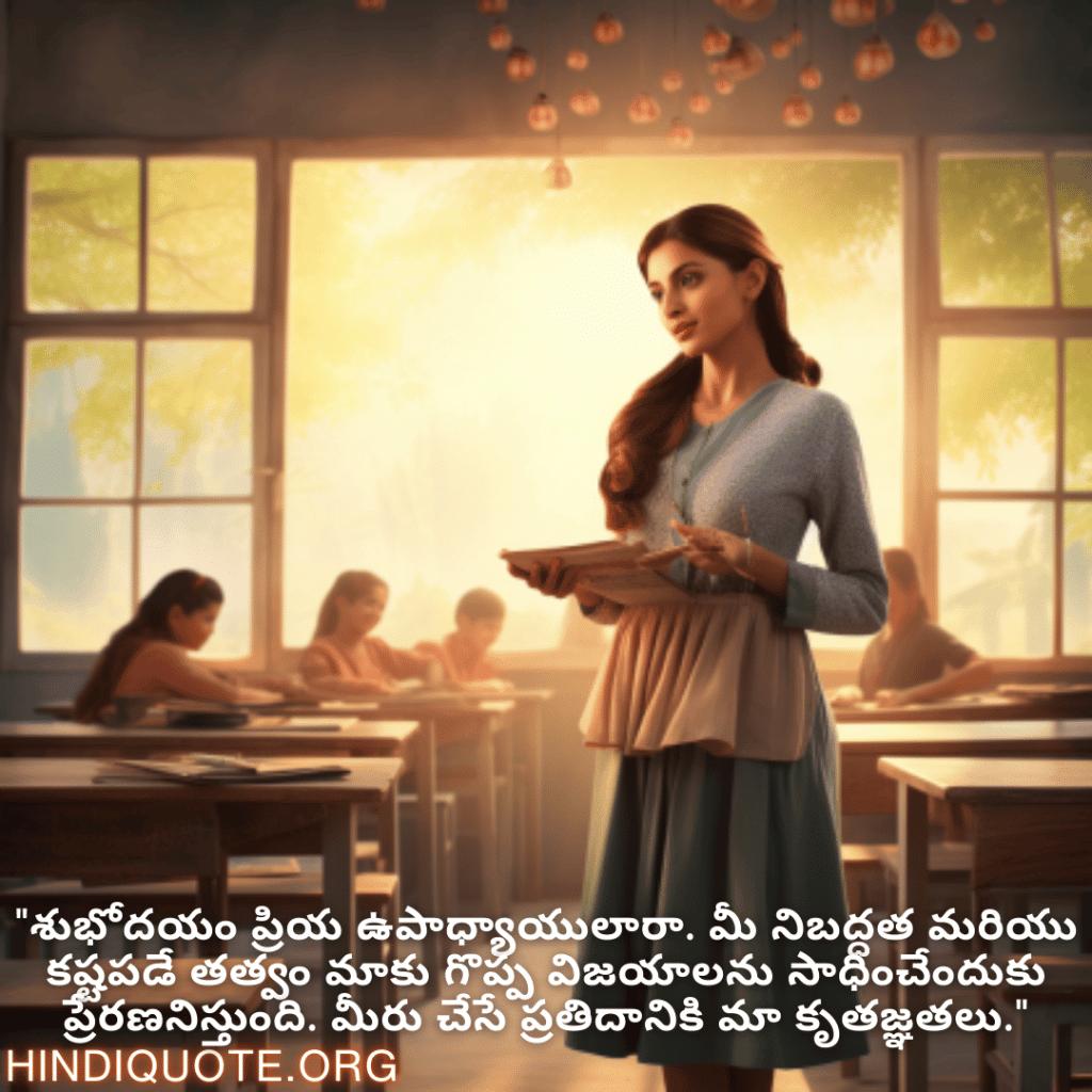 Good morning Quotes In Telugu For Your Teacher "శుభోదయం ప్రియ ఉపాధ్యాయులారా. మీ నిబద్ధత మరియు కష్టపడే తత్వం మాకు గొప్ప విజయాలను సాధించేందుకు ప్రేరణనిస్తుంది. మీరు చేసే ప్రతిదానికి మా కృతజ్ఞతలు."