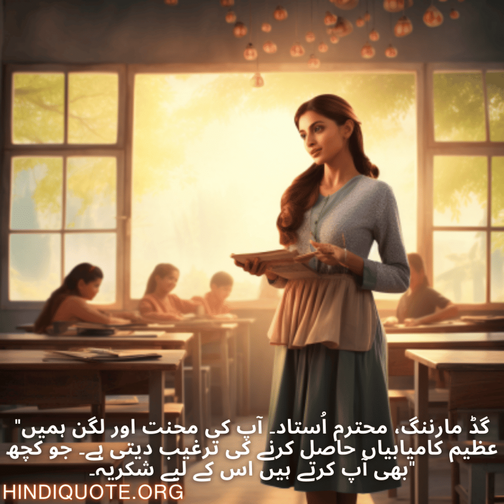 Good morning Quotes In Urdu For Your Teacher "گڈ مارننگ، محترم اُستاد۔ آپ کی محنت اور لگن ہمیں عظیم کامیابیاں حاصل کرنے کی ترغیب دیتی ہے۔ جو کچھ بھی آپ کرتے ہیں اس کے لیے شکریہ۔"