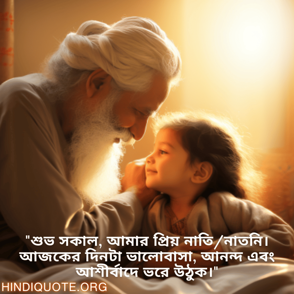 Good morning Quotes In Bengali For Your Grandchild "শুভ সকাল, আমার প্রিয় নাতি/নাতনি। আজকের দিনটা ভালোবাসা, আনন্দ এবং আশীর্বাদে ভরে উঠুক।"