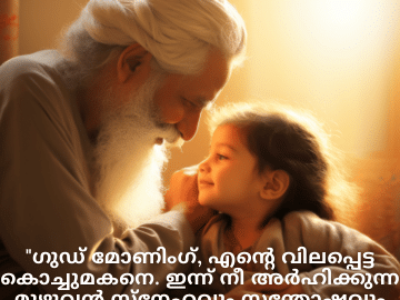 Good morning Quotes In Malayalam For Your Grandchild "ഗുഡ് മോണിംഗ്, എന്റെ വിലപ്പെട്ട കൊച്ചുമകനെ. ഇന്ന് നീ അർഹിക്കുന്ന മുഴുവൻ സ്നേഹവും സന്തോഷവും അനുഗ്രഹങ്ങളും ലഭിച്ചിരിക്കട്ടെ."