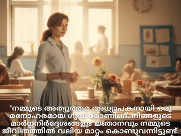 Good morning Quotes In Malayalam For Your Teacher "നമ്മുടെ അത്യുത്തമ അധ്യാപകനായി ഒരു മനോഹരമായ ഗുഡ് മോണിംഗ്. നിങ്ങളുടെ മാർഗ്ഗനിർദ്ദേശങ്ങളും ജ്ഞാനവും നമ്മുടെ ജീവിതത്തിൽ വലിയ മാറ്റം കൊണ്ടുവന്നിട്ടുണ്ട്. നിങ്ങൾ ഒരു ഗൈഡായി ഉണ്ടായത് ഞങ്ങൾ എന്നും നന്ദിയോടെ ഓർക്കും."
