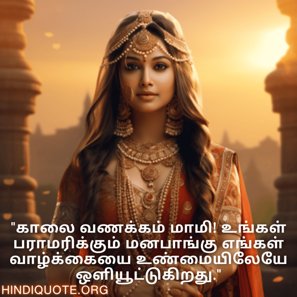 Good morning Quotes In Tamil For Your Aunt "காலை வணக்கம் மாமி! உங்கள் பராமரிக்கும் மனபாங்கு எங்கள் வாழ்க்கையை உண்மையிலேயே ஒளியூட்டுகிறது."