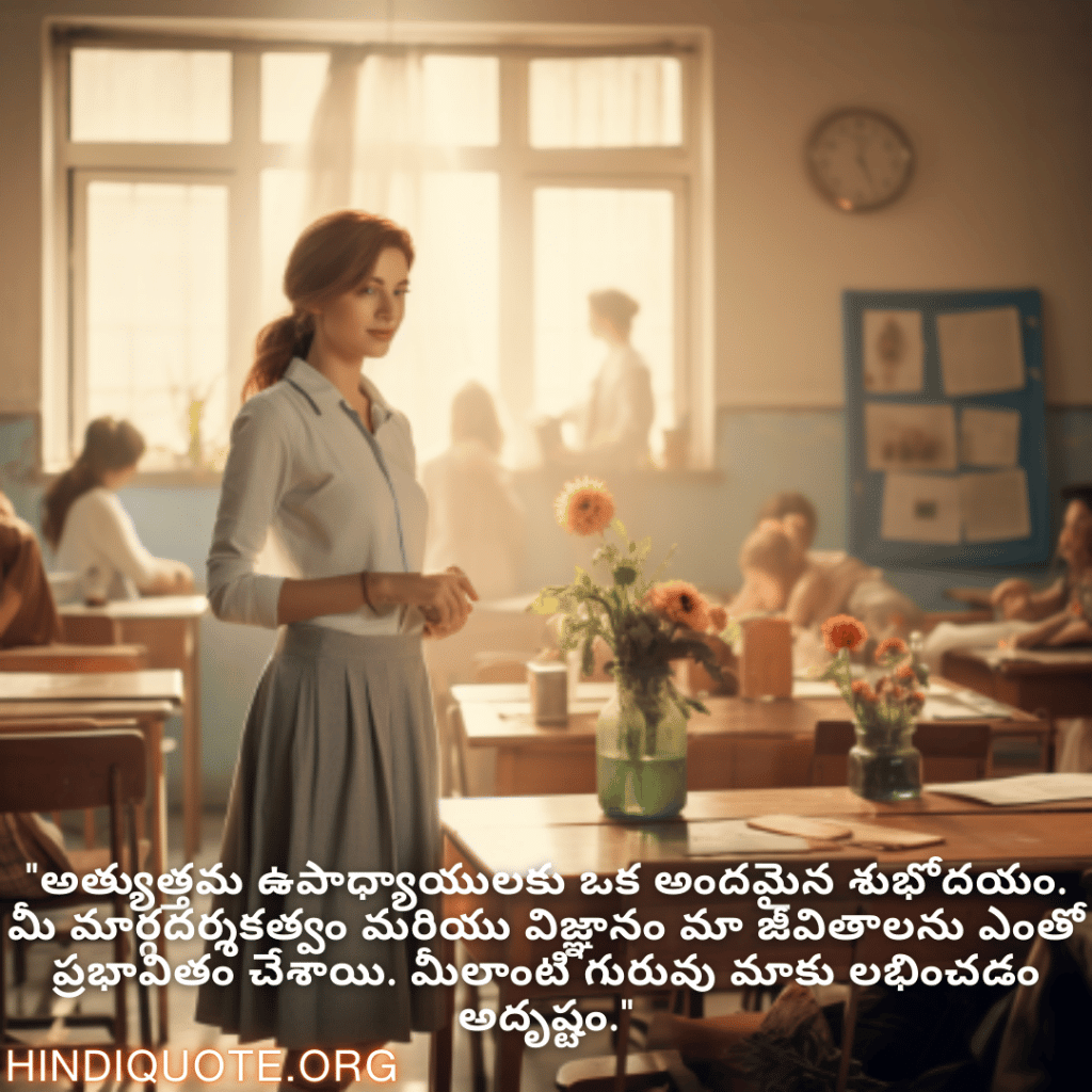 Good morning Quotes In Telugu For Your Teacher "అత్యుత్తమ ఉపాధ్యాయులకు ఒక అందమైన శుభోదయం. మీ మార్గదర్శకత్వం మరియు విజ్ఞానం మా జీవితాలను ఎంతో ప్రభావితం చేశాయి. మీలాంటి గురువు మాకు లభించడం అదృష్టం."