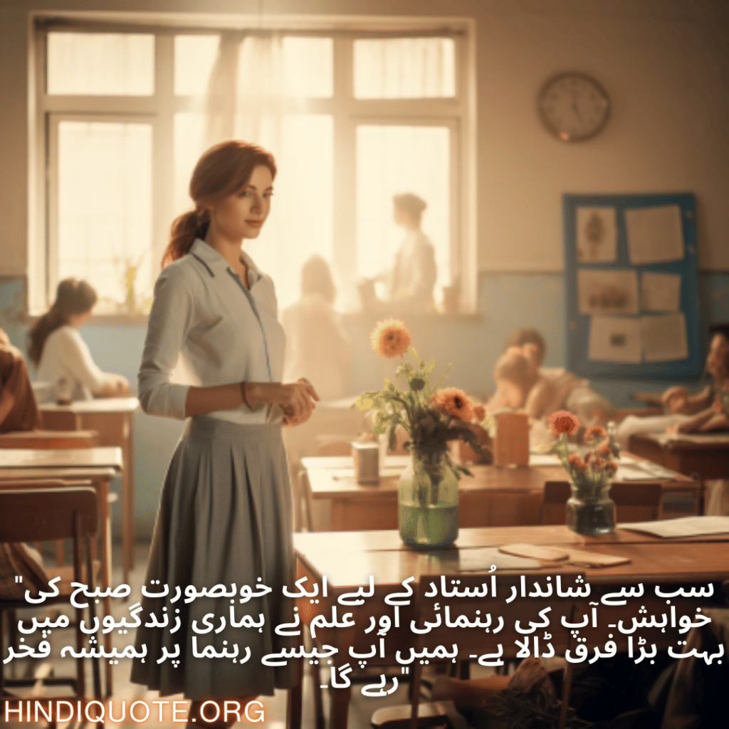 Good morning Quotes In Urdu For Your Teacher "سب سے شاندار اُستاد کے لیے ایک خوبصورت صبح کی خواہش۔ آپ کی رہنمائی اور علم نے ہماری زندگیوں میں بہت بڑا فرق ڈالا ہے۔ ہمیں آپ جیسے رہنما پر ہمیشہ فخر رہے گا۔"