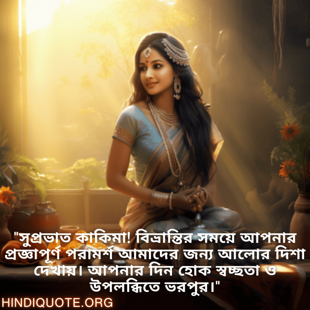 Good morning Quotes In Bengali For Your Aunt "সুপ্রভাত কাকিমা! বিভ্রান্তির সময়ে আপনার প্রজ্ঞাপূর্ণ পরামর্শ আমাদের জন্য আলোর দিশা দেখায়। আপনার দিন হোক স্বচ্ছতা ও উপলব্ধিতে ভরপুর।"