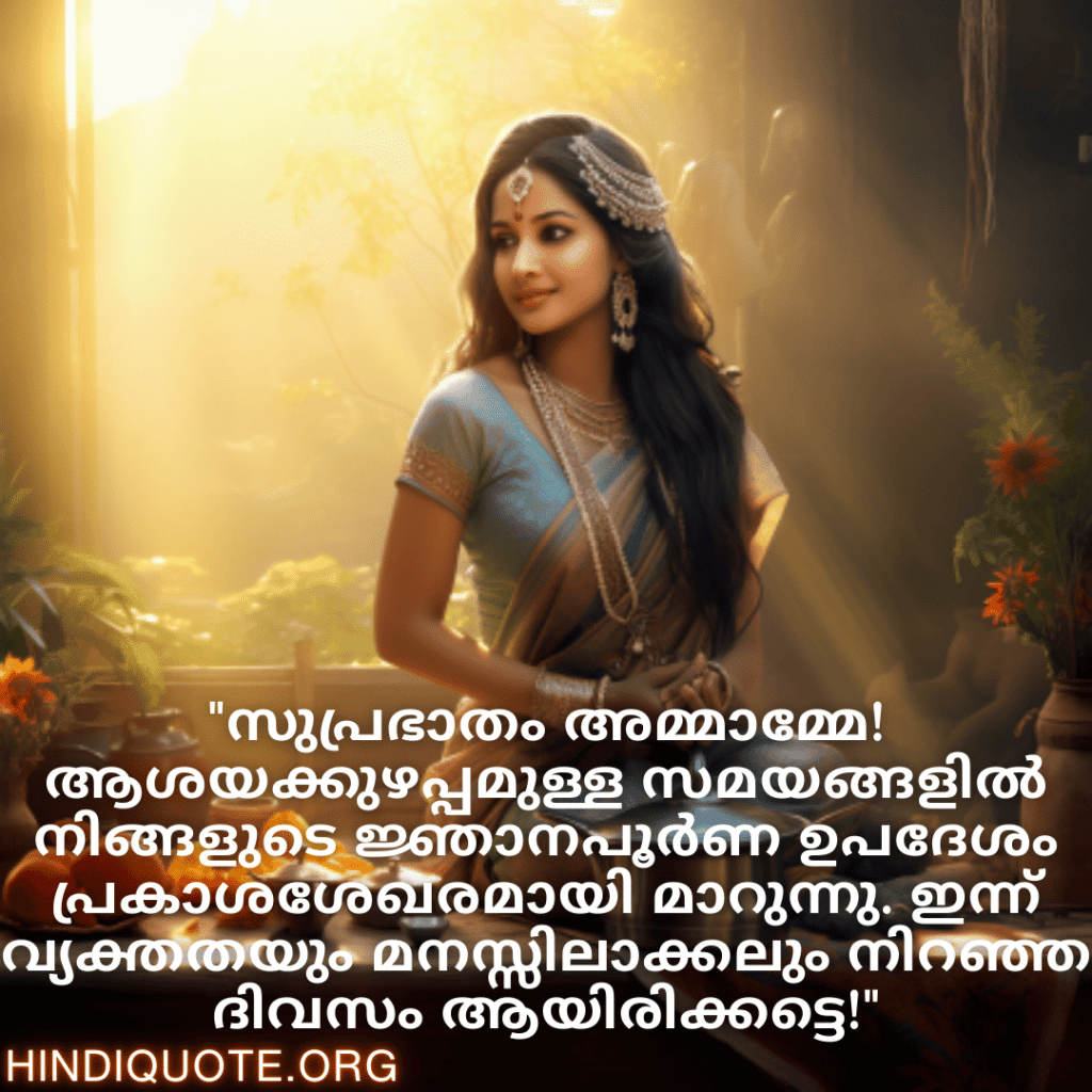 Good morning Quotes In Malayalam For Your Aunt "സുപ്രഭാതം അമ്മാമ്മേ! ആശയക്കുഴപ്പമുള്ള സമയങ്ങളിൽ നിങ്ങളുടെ ജ്ഞാനപൂർണ ഉപദേശം പ്രകാശശേഖരമായി മാറുന്നു. ഇന്ന് വ്യക്തതയും മനസ്സിലാക്കലും നിറഞ്ഞ ദിവസം ആയിരിക്കട്ടെ!"