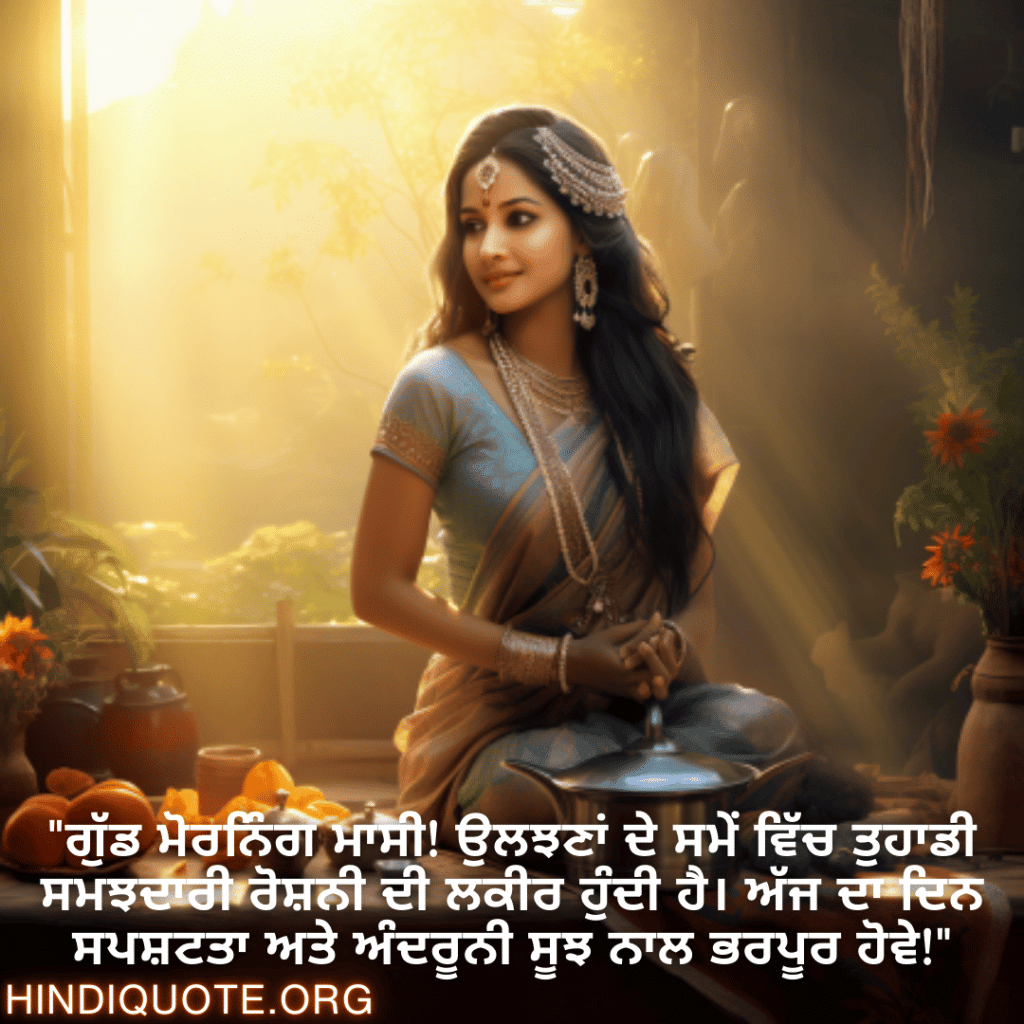 Good morning Quotes In Punjabi For Your Aunt "ਗੁੱਡ ਮੋਰਨਿੰਗ ਮਾਸੀ! ਉਲਝਣਾਂ ਦੇ ਸਮੇਂ ਵਿੱਚ ਤੁਹਾਡੀ ਸਮਝਦਾਰੀ ਰੋਸ਼ਨੀ ਦੀ ਲਕੀਰ ਹੁੰਦੀ ਹੈ। ਅੱਜ ਦਾ ਦਿਨ ਸਪਸ਼ਟਤਾ ਅਤੇ ਅੰਦਰੂਨੀ ਸੂਝ ਨਾਲ ਭਰਪੂਰ ਹੋਵੇ!"