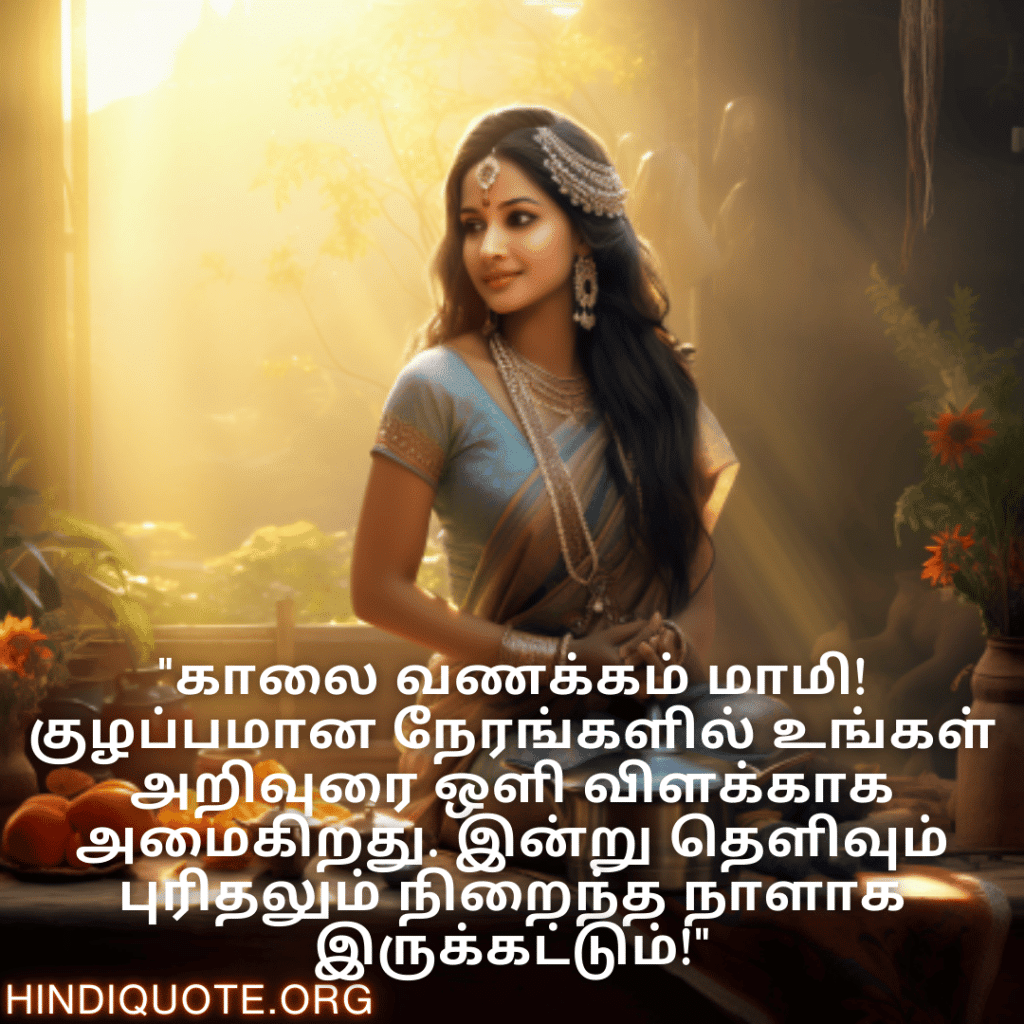Good morning Quotes In Tamil For Your Aunt "காலை வணக்கம் மாமி! குழப்பமான நேரங்களில் உங்கள் அறிவுரை ஒளி விளக்காக அமைகிறது. இன்று தெளிவும் புரிதலும் நிறைந்த நாளாக இருக்கட்டும்!"