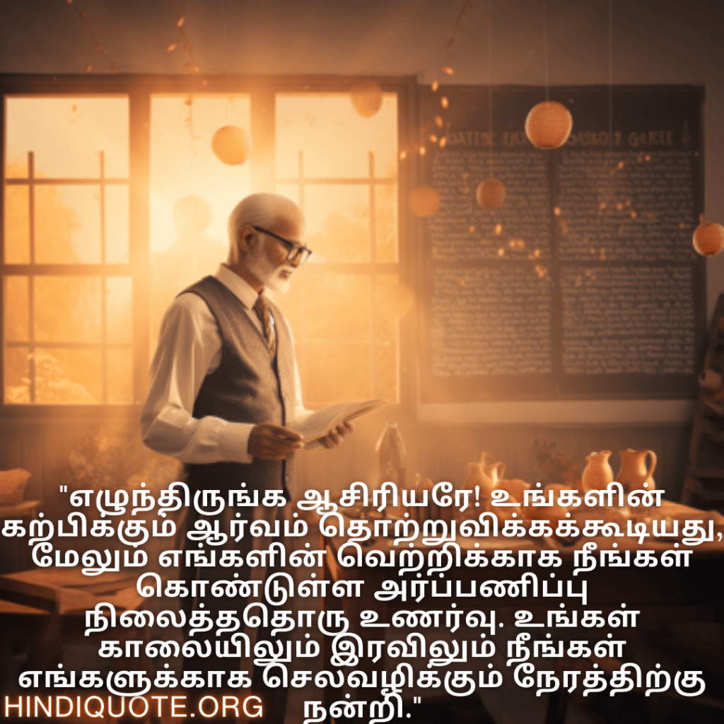 Good morning Quotes In Tamil For Your Teacher "எழுந்திருங்க ஆசிரியரே! உங்களின் கற்பிக்கும் ஆர்வம் தொற்றுவிக்கக்கூடியது, மேலும் எங்களின் வெற்றிக்காக நீங்கள் கொண்டுள்ள அர்ப்பணிப்பு நிலைத்ததொரு உணர்வு. உங்கள் காலையிலும் இரவிலும் நீங்கள் எங்களுக்காக செலவழிக்கும் நேரத்திற்கு நன்றி."