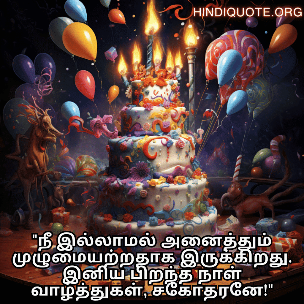 Happy Birthday Wishes In Tamil For Your Brother "நீ இல்லாமல் அனைத்தும் முழுமையற்றதாக இருக்கிறது. இனிய பிறந்த நாள் வாழ்த்துகள், சகோதரனே!"