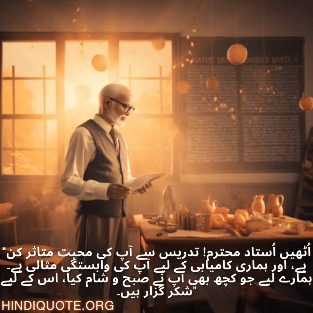 Good morning Quotes In Urdu For Your Teacher "اُٹھیں اُستاد محترم! تدریس سے آپ کی محبت متاثر کن ہے، اور ہماری کامیابی کے لیے آپ کی وابستگی مثالی ہے۔ ہمارے لیے جو کچھ بھی آپ نے صبح و شام کیا، اس کے لیے شکر گزار ہیں۔"