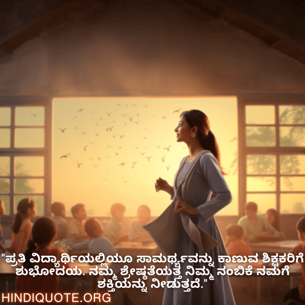 Good morning Quotes In Kannada For Your Teacher "ಪ್ರತಿ ವಿದ್ಯಾರ್ಥಿಯಲ್ಲಿಯೂ ಸಾಮರ್ಥ್ಯವನ್ನು ಕಾಣುವ ಶಿಕ್ಷಕರಿಗೆ ಶುಭೋದಯ. ನಮ್ಮ ಶ್ರೇಷ್ಠತೆಯತ್ತ ನಿಮ್ಮ ನಂಬಿಕೆ ನಮಗೆ ಶಕ್ತಿಯನ್ನು ನೀಡುತ್ತದೆ."
