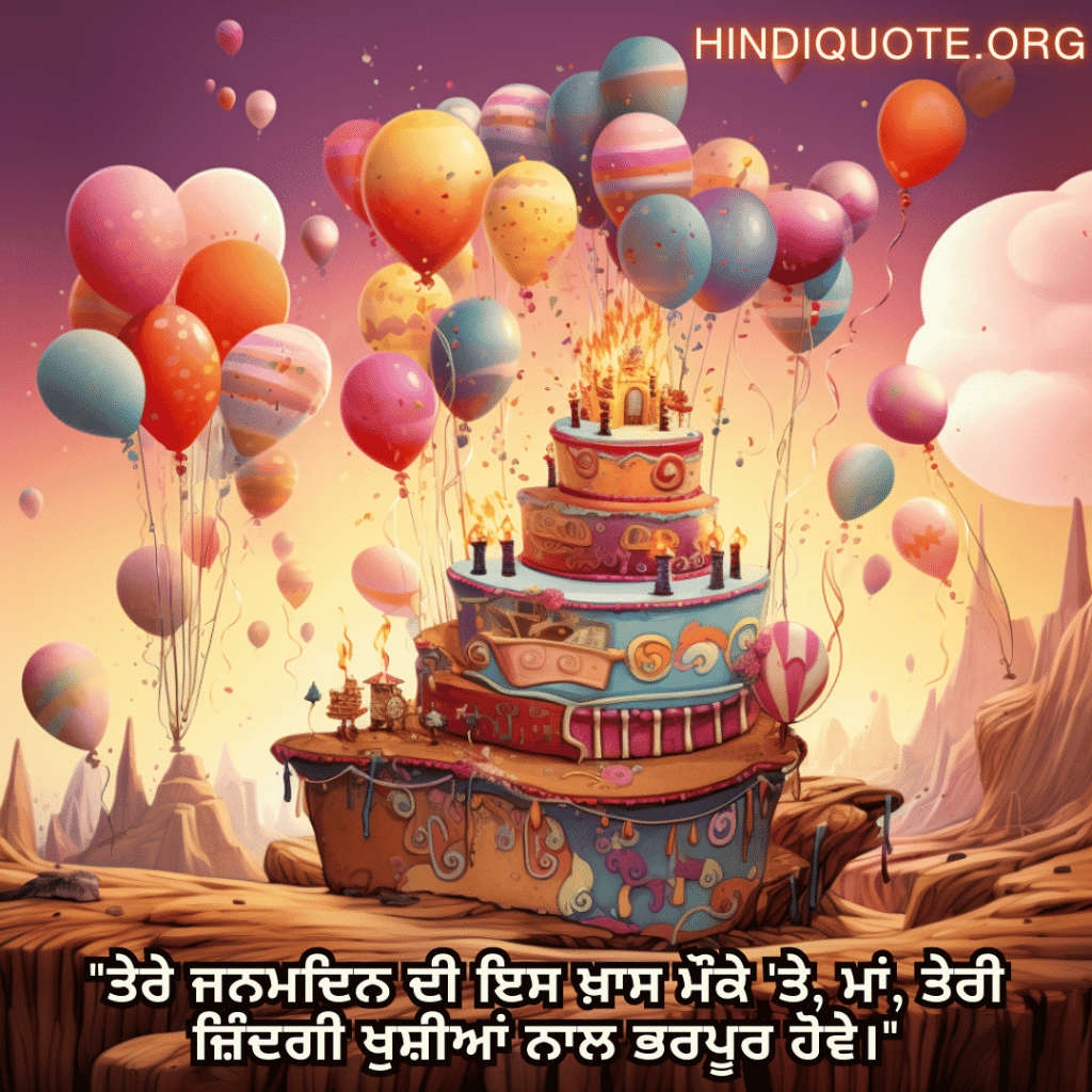 Birthday Message In Punjabi For Your Mother "ਤੇਰੇ ਜਨਮਦਿਨ ਦੀ ਇਸ ਖ਼ਾਸ ਮੌਕੇ 'ਤੇ, ਮਾਂ, ਤੇਰੀ ਜ਼ਿੰਦਗੀ ਖੁਸ਼ੀਆਂ ਨਾਲ ਭਰਪੂਰ ਹੋਵੇ।"