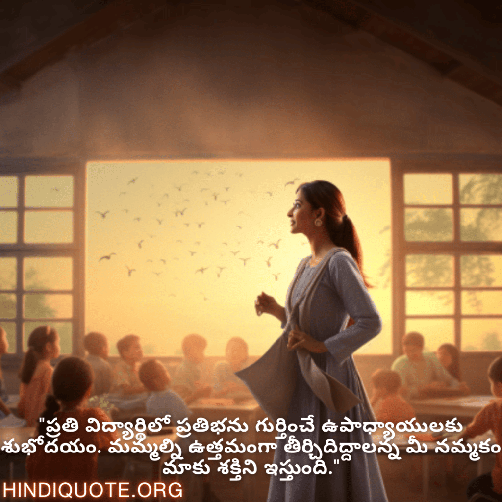 Good morning Quotes In Telugu For Your Teacher "ప్రతి విద్యార్థిలో ప్రతిభను గుర్తించే ఉపాధ్యాయులకు శుభోదయం. మమ్మల్ని ఉత్తమంగా తీర్చిదిద్దాలన్న మీ నమ్మకం మాకు శక్తిని ఇస్తుంది."