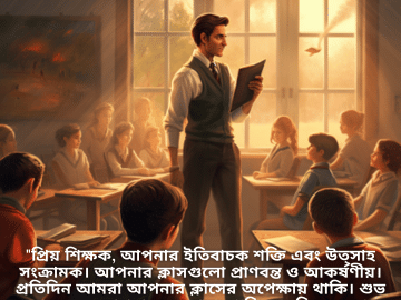 Good morning Quotes In Bengali For Your Teacher "প্রিয় শিক্ষক, আপনার ইতিবাচক শক্তি এবং উত্সাহ সংক্রামক। আপনার ক্লাসগুলো প্রাণবন্ত ও আকর্ষণীয়। প্রতিদিন আমরা আপনার ক্লাসের অপেক্ষায় থাকি। শুভ সকাল এবং আপনাকে অসাধারণ শিক্ষক হিসেবে পেয়ে আমরা কৃতজ্ঞ।"