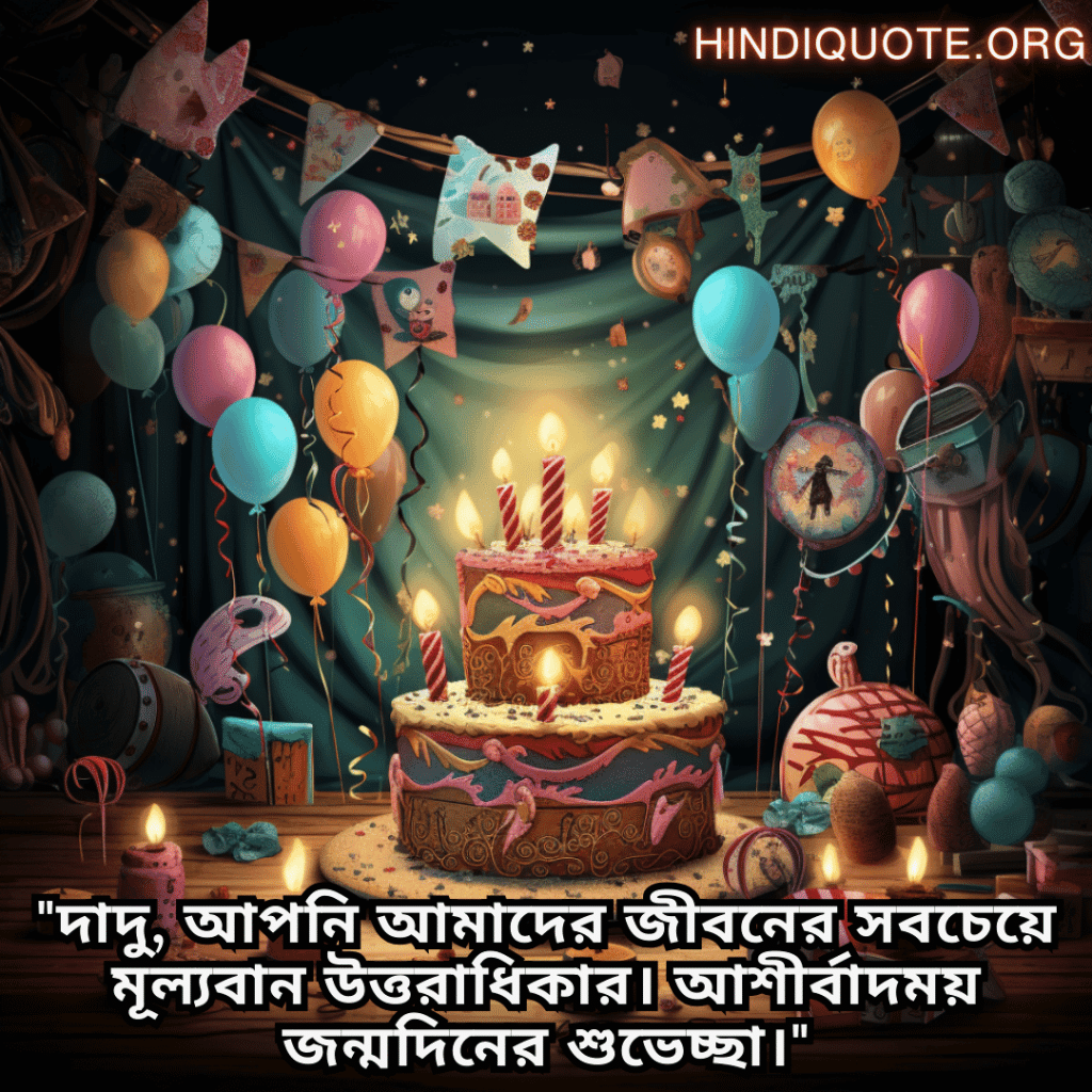 Birthday Greetings In Bengali For Your Grandfather "দাদু, আপনি আমাদের জীবনের সবচেয়ে মূল্যবান উত্তরাধিকার। আশীর্বাদময় জন্মদিনের শুভেচ্ছা।"