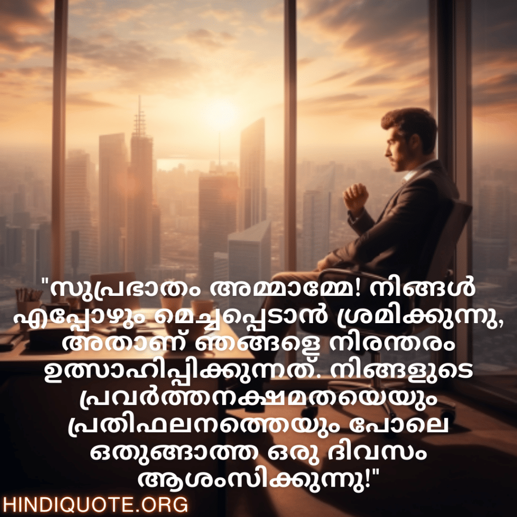 Good morning Quotes In Malayalam For Your Boss "സുപ്രഭാതം സാർ! ഒരുപാട് കാര്യങ്ങളിൽ നിങ്ങൾ അനുഭവം കൊണ്ട് മുന്നിൽ നിന്ന് നയിക്കുന്നു – അത് തന്നെയാണ് ഒരു നല്ല പ്രൊഫഷണലിന്റെ അടയാളം."