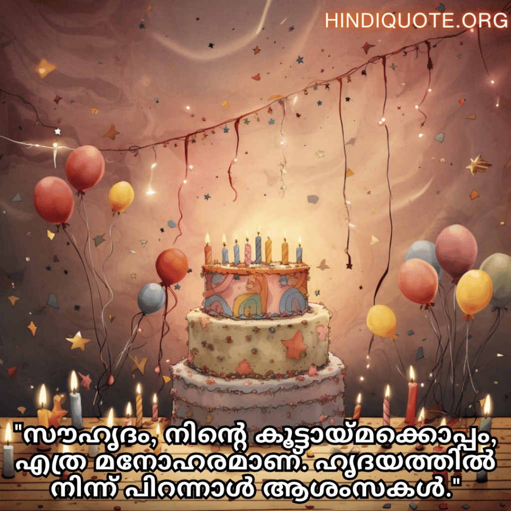Happy Birthday Wishes In Malayalam For Your Friend "സൗഹൃദം, നിന്റെ കൂട്ടായ്മക്കൊപ്പം, എത്ര മനോഹരമാണ്. ഹൃദയത്തിൽ നിന്ന് പിറന്നാൾ ആശംസകൾ."