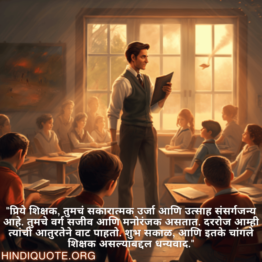 Good morning Quotes In Marathi For Your Teacher "प्रिये शिक्षक, तुमचं सकारात्मक उर्जा आणि उत्साह संसर्गजन्य आहे. तुमचे वर्ग सजीव आणि मनोरंजक असतात. दररोज आम्ही त्यांची आतुरतेने वाट पाहतो. शुभ सकाळ, आणि इतके चांगले शिक्षक असल्याबद्दल धन्यवाद."